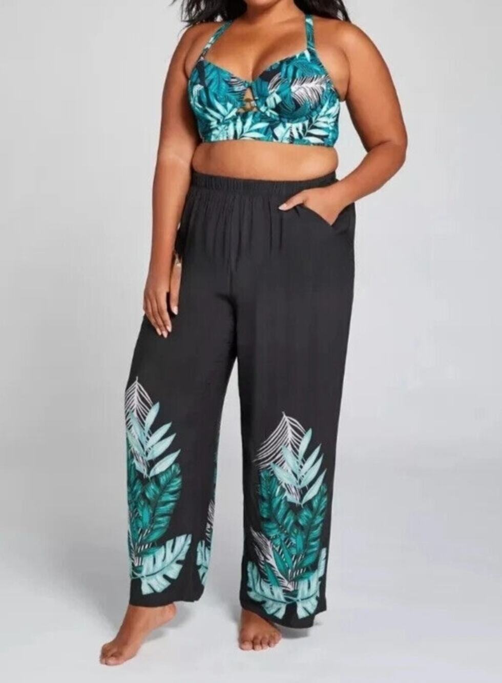 Swim by Cacique Black Tropical Leaf Wide Leg Pull-on Cover-up Pants 18/20